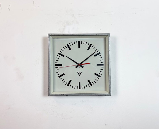 Image 1 of Grey Industrial Square Wall Clock from Pragotron, 1970s