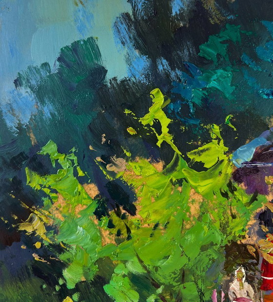 Image 1 of Original Oil Painting Summer Village Landscape Lonely house on the green of the hill