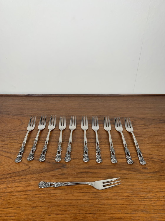 Image 1 of Set of 10+1 Japanese Stainless Steel Dessert Forks, Rose Pattern, 1970