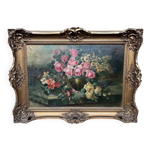 Jan van Steensel, Naturaleza muerta con rosas. Hermoso marco. – schilderijen tekeningen, Canvas