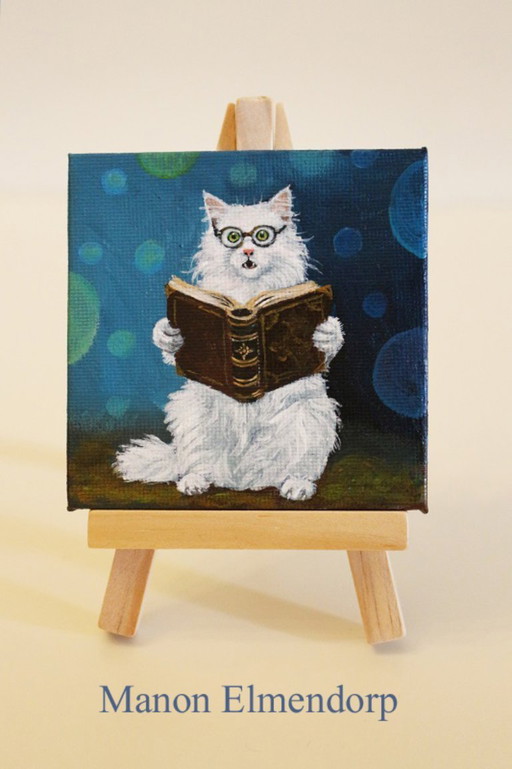 Unique Hand-Painted Small Cat Painting with Magic Book – schilderijen tekeningen, Wood, Canvas