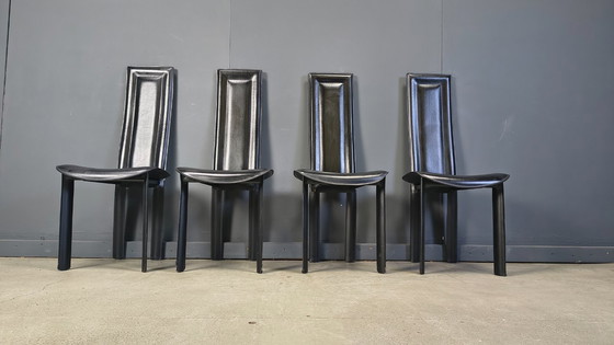 Image 1 of Vintage black leather dining chairs, set of 4, 1980s