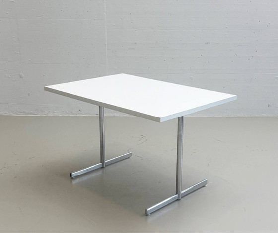 Tavolo da lavoro con struttura in acciaio cromato, anni '80/'90 – Scrivanie, Wood, Chrome (photo 4 of 7)