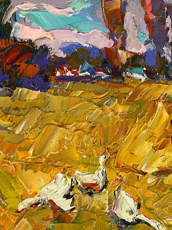 Image 1 of Peinture à l'huile originale, paysage rural, oies, vie à la campagne, promenade d'automne dans le village