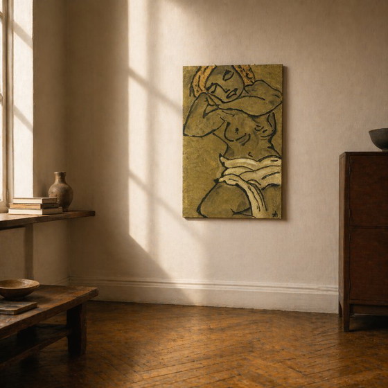 Image 1 of Vintage Figurative Painting Expressionist Style Canvas Artwork