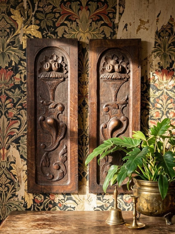Image 1 of Par de paneles decorativos de pared antiguos de madera tallada del siglo XIX.