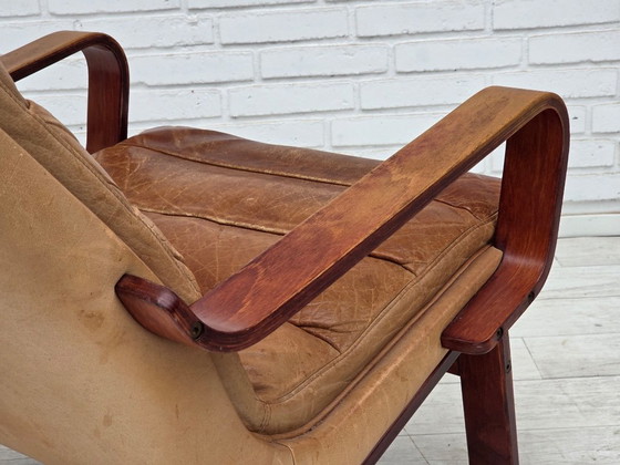 Jaren 70, Scandinavische Hoge Rug Fauteuil, Meubelleer, Gebogen Hout – Canvas (photo 9 of 20)