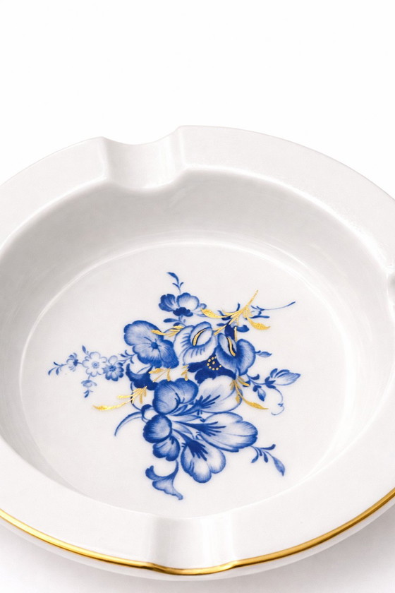 Image 1 of MEISSEN Porcelain Trinket Dish – Aquatinta Blue Floral Gold Trim – Antique 12cm Ashtray – Crossed Swords Germany