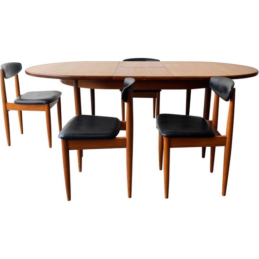 Vintage beuken en zwart kunstleren eetset door Victor Wilkins voor Schreiber Furniture
