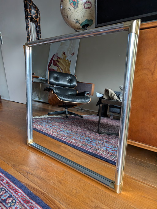 Heavy vintage design mirror in chrome and brass mid-century