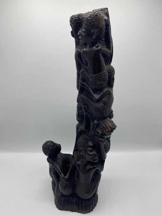 African solid wood sculpture - Column of stacked human figures - Upward movement - 41 cm (photo 4 of 5)