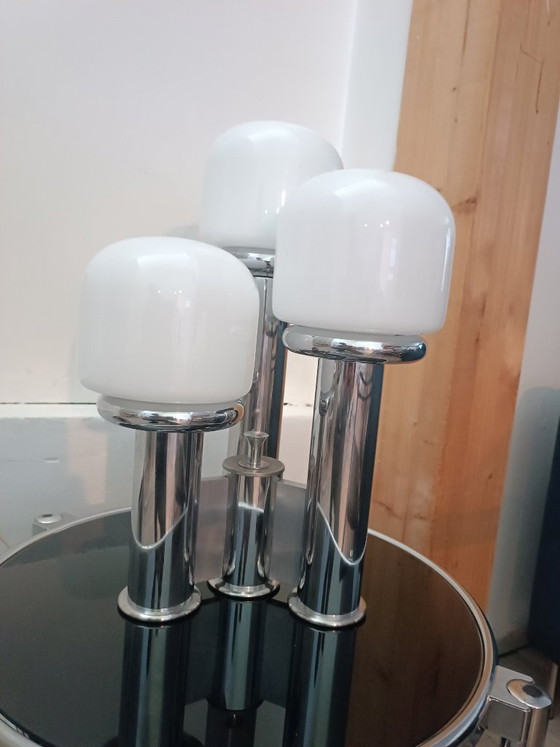 Tischlampen Space Age Italien 1970er, Glas, Chrom, Weiß, Mid Century Modern (Foto 2 von 6)