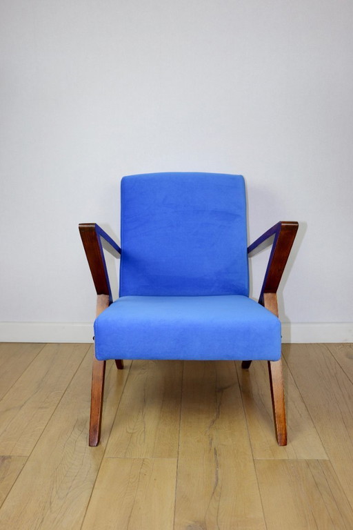 Fauteuil vintage style loft en velours bleuet Jade - rénovation de fauteuil
