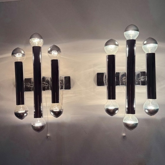 Image 1 of Paar Gaetano Sciolari Wandlampen Leuchter Chrom Rohr , 1970er Jahre