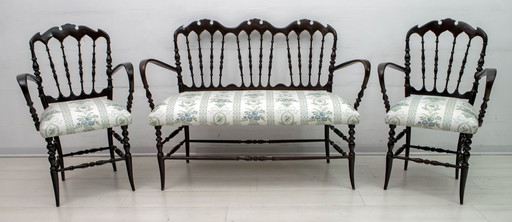 Giuseppe Gaetano Descalzi Divano e 2 poltrone Chiavari italiano di metà secolo 1950