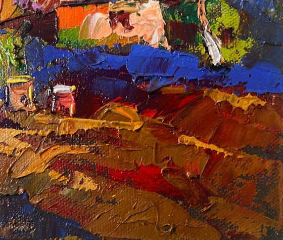 Image 1 of Original Oil Painting Colorful Village Landscape Evening ray over spring fields