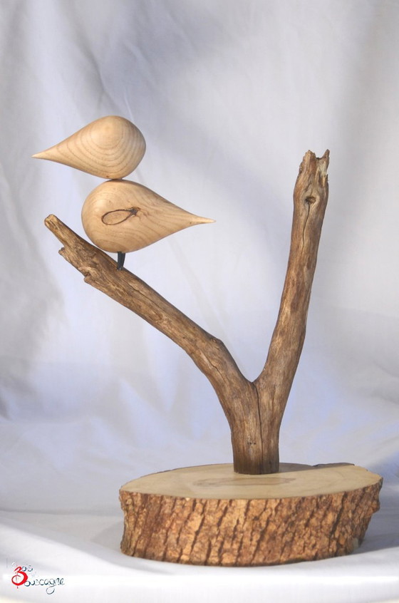 Decorative bird perched on a tree and base, handmade solid wood, Made in France, 23x30cm – Sculpture (photo 4 of 6)