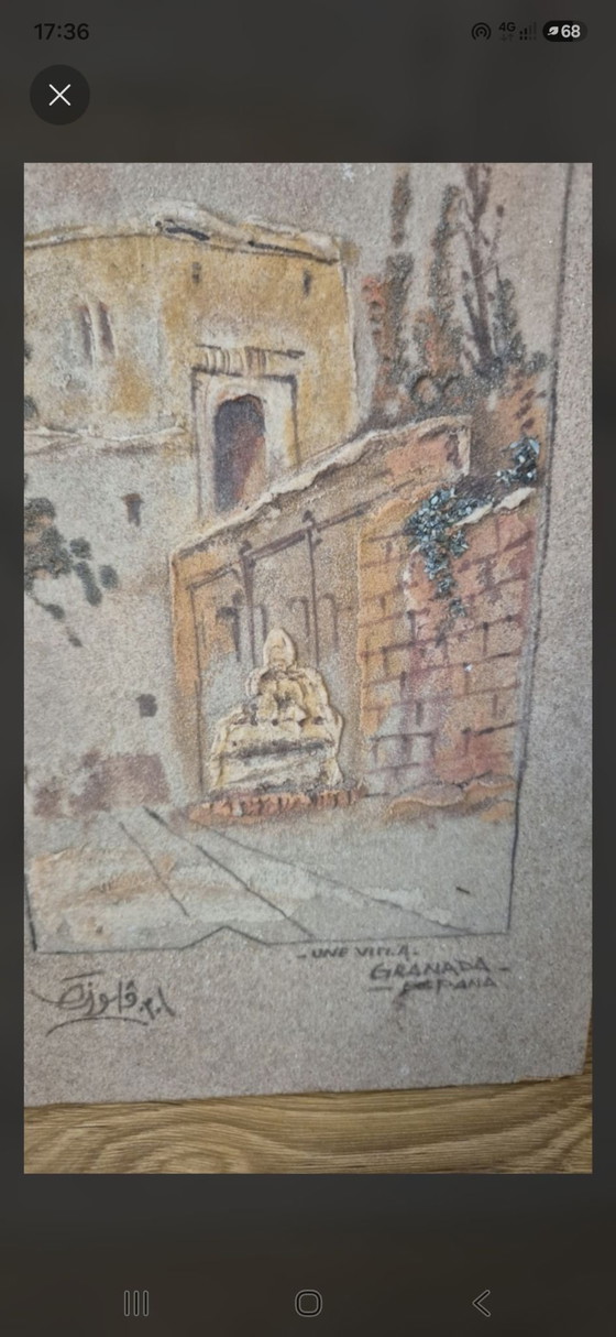 Tableau vintage en relief sur bois, Une Villa, Granada, España, Signé, Cadres, Beige (photo 4 sur 6)