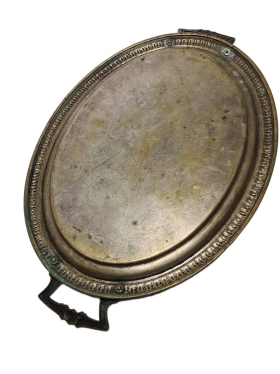 Antieke Poolse ovale dienblad met guillochepatroon van Jarra, jaren 1890. – Tafelaccessoires, Brass (photo 9 of 11)