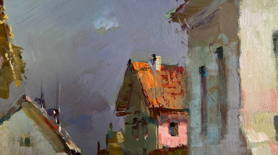 Image 1 of Origineel olieverfschilderij: Somber stadslandschap, wandelend door de stadsstraat.
