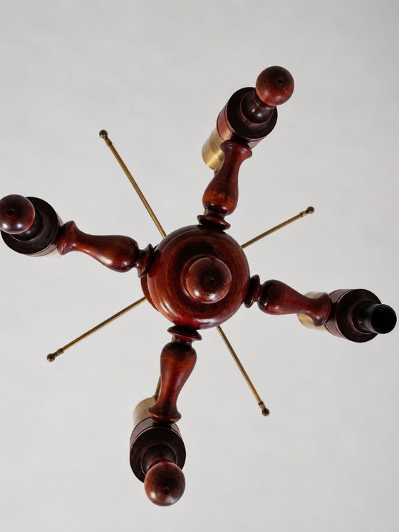 Vintage Czechoslovak Chandelier, 1970s Mid Century Wood & Smoked Floral Glass Ceiling Light, 5 Light Retro (photo 7 of 7)