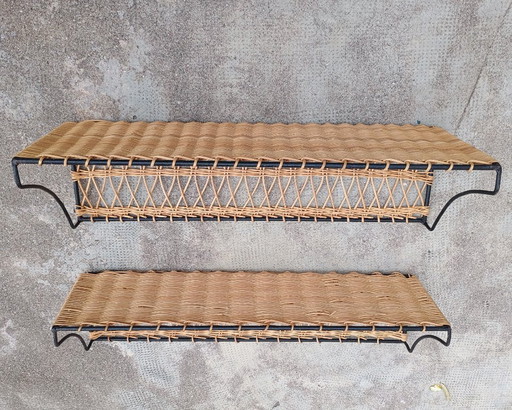 Pair of Vintage Raoul Guys Rattan Wall Shelves, French Mid Century Woven Bamboo Shelving, Boho Modernist Decor