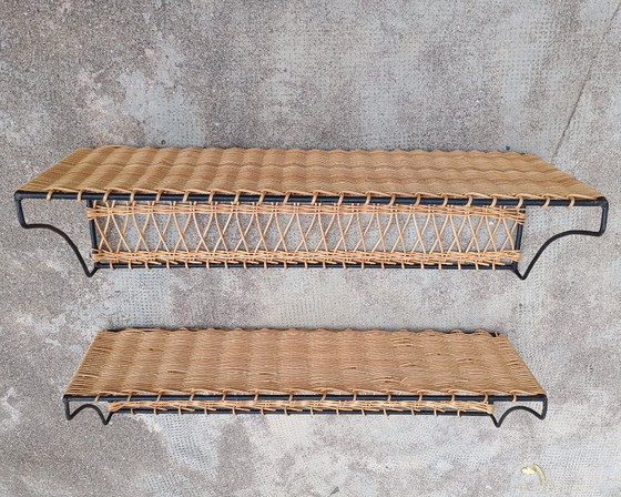 Image 1 of Pair of Vintage Raoul Guys Rattan Wall Shelves, French Mid Century Woven Bamboo Shelving, Boho Modernist Decor