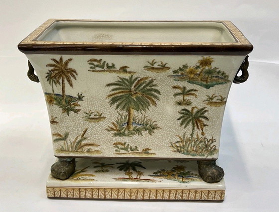 Image 1 of Vaso da fiori in ceramica vintage, dipinto con una testa di elefante in bronzo, H: 21 cm