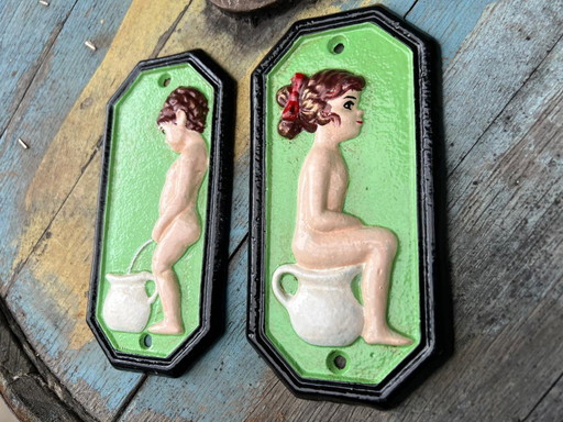 Vintage gietijzeren toiletbordjes voor jongens en meisjes, mintgroen