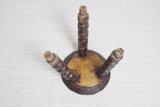 Image 1 of Vintage Bobbin Turned Wooden Stool Plant Stand Brutalist Rustic Tripod Stool Farmhouse Wabi Sabi Decor