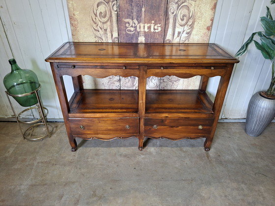 Image 1 of Antieke Engelse sidetable, wandtafel, wandconsole met lederen inleg afm. 126x46cm en 86cm hoog.