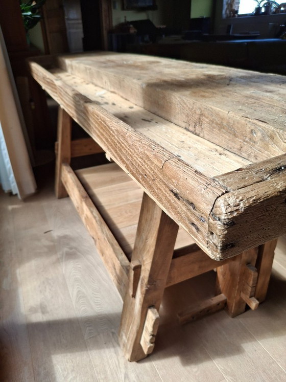 Mooie Gerestaureerde Antieke Werkbank – Consoles, Metal, Wood (photo 8 of 10)