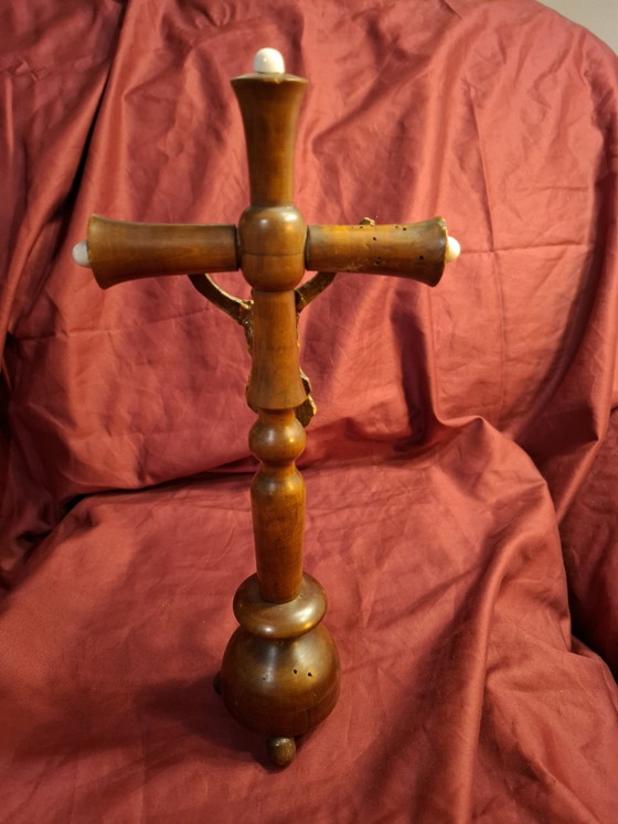 Antique 19th Century French Standing Altar Crucifix – Napoleon III Walnut Home Oratory Cross (31cm) (photo 6 of 11)