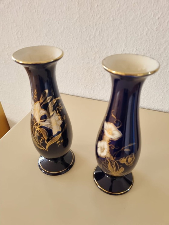 Image 1 of Vasi in porcellana di Limburgo (2x) – blu cobalto con fiori dorati – vintage, realizzati in Germania