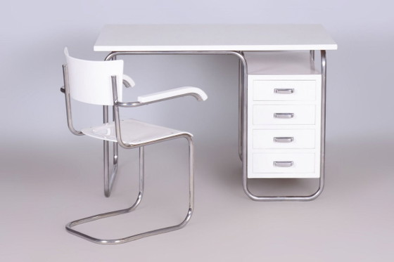 Gerestaureerd Bauhaus schrijfbureau met stoel, chroom, staal, hout, Tsjechisch, jaren 1930 – Metal, Wood (photo 5 of 7)
