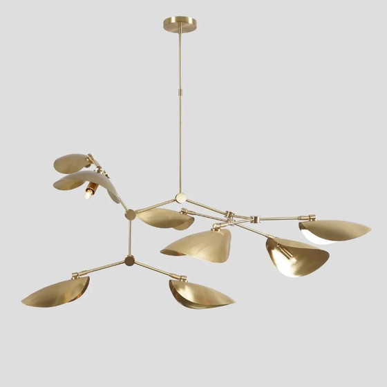 Image 1 of Stingray Brass Mid Century Modern Chandelier, Handcrafted 8 Arm Sputnik Light Fixture, Custom Curved Disk Multi Shade Large Ceil