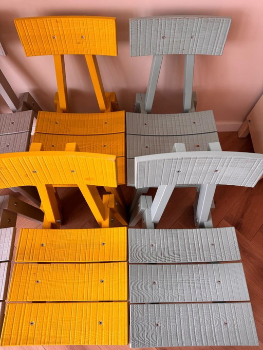 Piet Hein Eek × IKEA – Ensemble rare de 6 chaises de salle à manger | moutarde / turquoise / gris