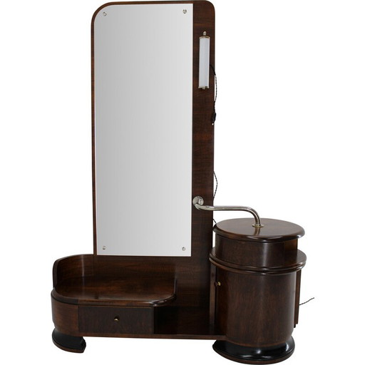 Meuble de toilette vintage Art Déco en noyer avec miroir, Tchécoslovaquie 1930