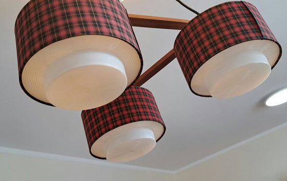 Image 1 of Vintage 1970s Ceiling Lamp | Scandinavian Retro Pendant Light with Teak & Checkered Shades