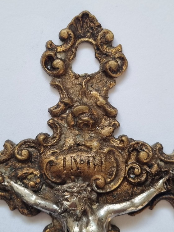 Image 1 of Antique crucifix / wall cross – Neo-Baroque circa 1900, brass, gilded & silver-plated