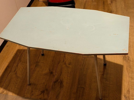Image 1 of Art Deco shaped mint green side table made of wood with metal legs