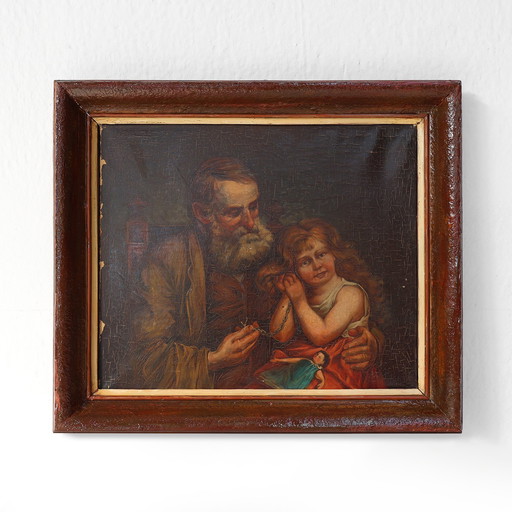 Peinture à l'huile flamande baroque du 19e siècle dans un cadre en bois ancien