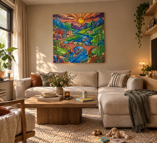 Großes Farbenfrohes Gemälde 95 X 95 Cm – Industrielandschaft