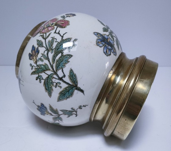 Image 1 of Earthenware and brass ball vase with flowers and insects, early 20th century