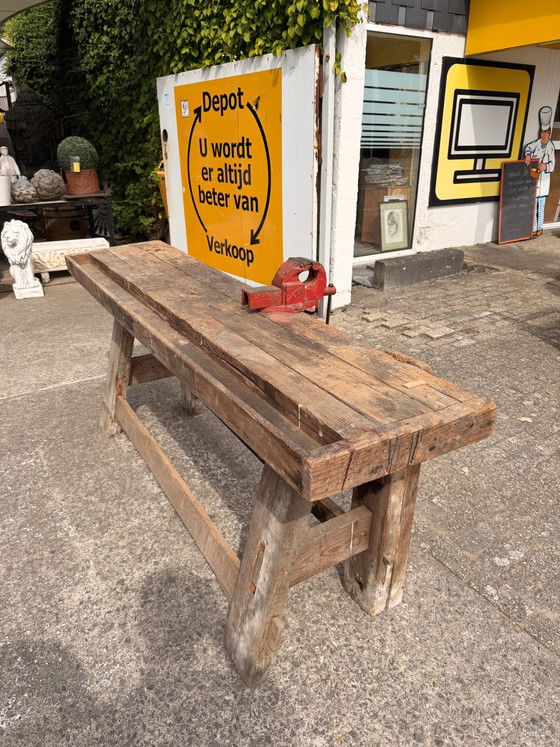 Image 1 of Solid Wood Carpenter’s Workbench with Original Cast Iron Vice
