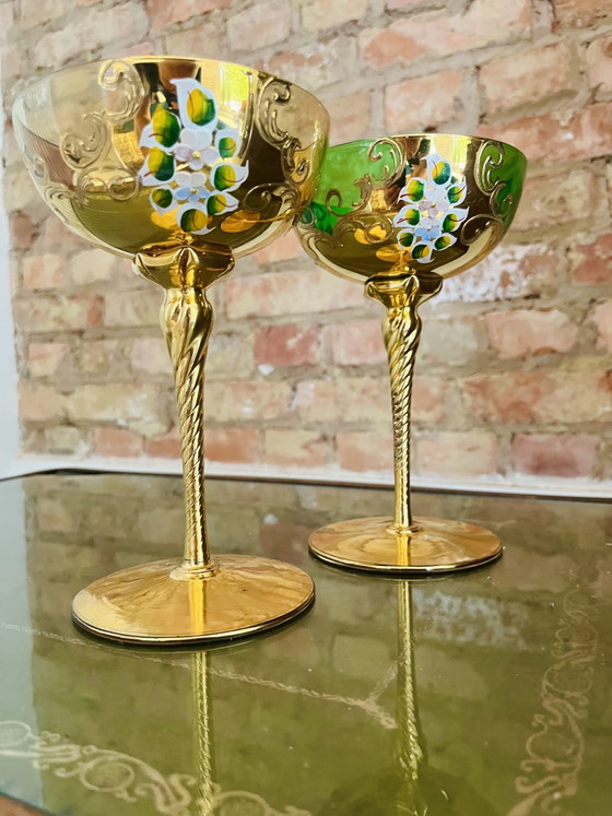 Luxury Set of 2 Vintage Coupes – Bohemian Crystal & 24k Gold – Glass & Decanter, Glass (photo 4 of 8)