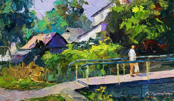 Image 1 of Origineel olieverfschilderij: Landelijk landschap, zomerdorp, over de brug in het bos.