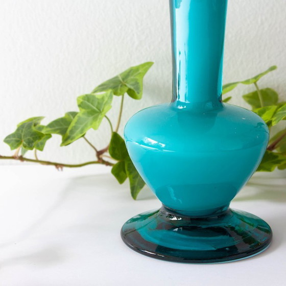 Vintage 1960s Portuguese Blue Glass Vase with Foot (photo 7 of 8)