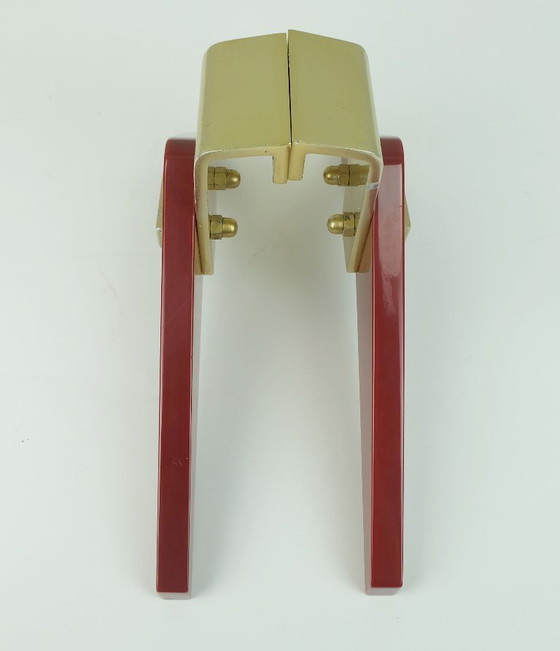 Image 1 of a pair of very rare mid-century door handles push handles red bakelite and aluminum 1950s streamline bungalow