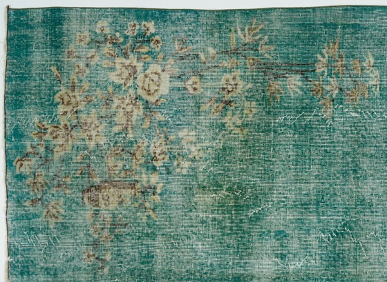 Vintage Turkish Overdyed Rug 261x162 Cm – Teal Handknotted Wool Carpet With Distressed Floral Design (photo 4 of 12)